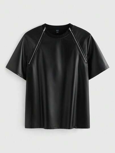 ROMWE MEN Street Life 男士圆领短袖时尚夏季百搭PU紧身T恤