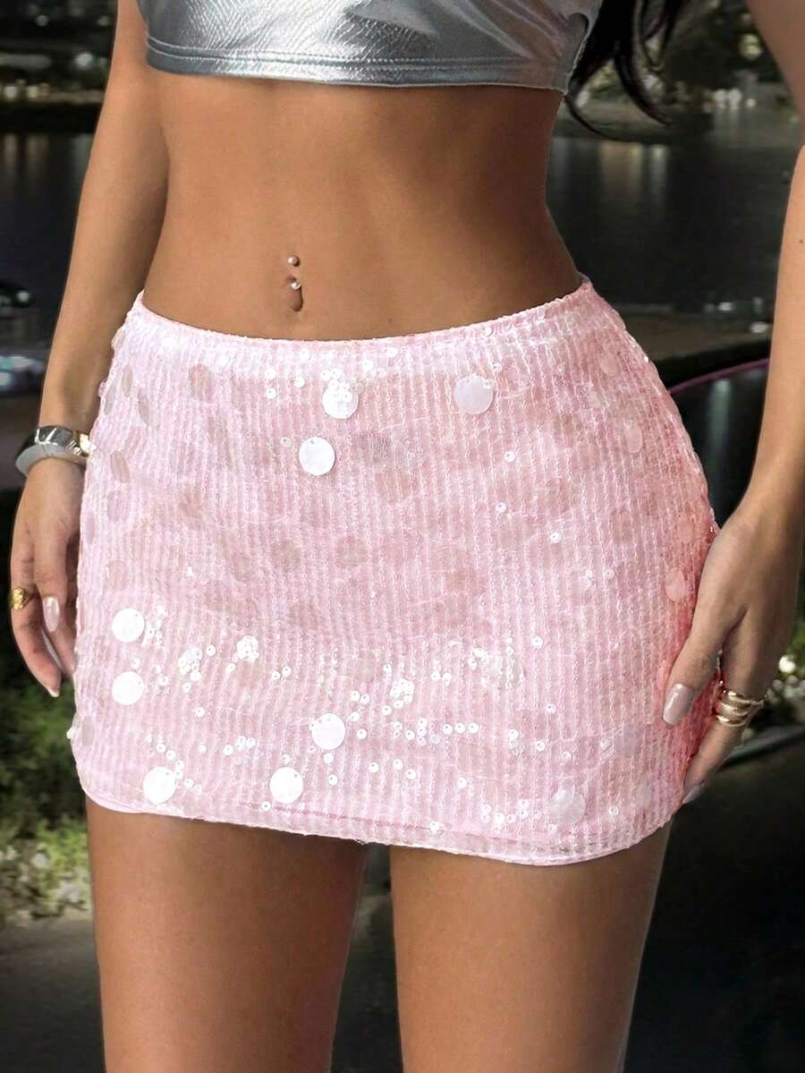 SHEIN PETITE 女士银色亮片迷你派对裙，高品质款，适合娇小身材和派对场合 - 粉色 - 查看 1