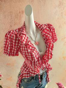 Sunnyshic Women's Red & White Plaid Frill Trim Front Tie Deep V-Neck Puff Sleeve Blouse - Red - View 3