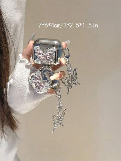 1pc High-Grade Electroplated Silver 3D Rhinestone Butterfly + Butterfly Decorative Bluetooth Earphone Case Compatible With Apple 1/2/3/Pro/Pro 2nd Generation, Creative Design