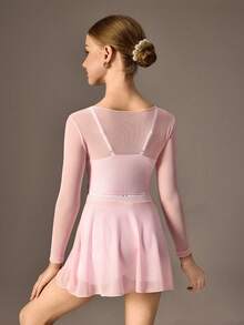 SHEIN Tween Girls Ballet 3 PiecesSet, White Leotard With Tulle Skirt And Sheer Jacket, Stretchy Fitted Fabric With Lightweight Mesh, Suitable For Ballet Training - Pink - View 2