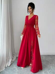 Elenzga Women's Elegant Deep V-Neck Lace Patchwork Long Sleeve High Slit Dress, Suitable For Graduation, Holidays, Valentine's Day, Music Festivals, Mother's Day, Thanksgiving, Easter, National Day, Balls, Dates, Parties, Weddings, Outdoor Activities, Spring/Summer - Red - View 4