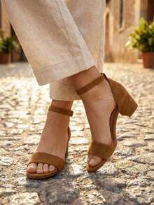 Sandalias De Tacón Grueso Simple Y Elegante Para Mujeres Con Correa De Tobillo - Gamuza café - Ver 2