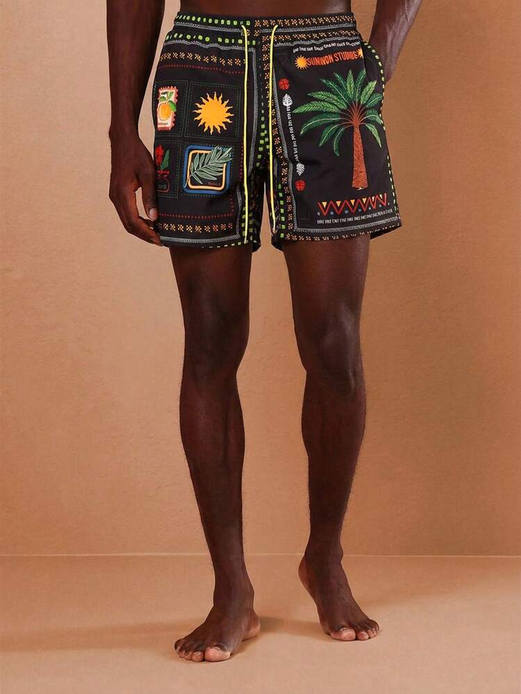 Shorts de playa tropicales con estampado de palmeras