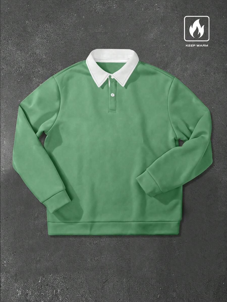 Manfinity Hypemode 宽松男士保暖内衬撞色领高领卫衣，长袖上衣 - 薄荷綠 - 查看 1