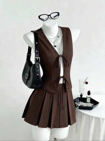 Sweetra Vintage moderiktigt brunt kostymset, amerikansk klassisk stil med knytband, i kombination med veckad kjol, trendigt och mångsidigt avslappnat och elegant kostymset för kvinnor