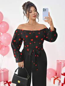 Elenzga Casual Plus Size Off The Shoulder Long Jumpsuit With Heart Print Three Quarter Length Sleeves And Belted Detail - Multicolor - View 7