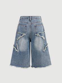 SHEIN Quần short denim dáng lửng in hình ngôi sao Y2K dành cho nữ tuổi teen, phong cách thường ngày năng động và thời trang, phù hợp đi học, dạo phố, mùa xuân hè. - Rửa nhẹ - Xem 2