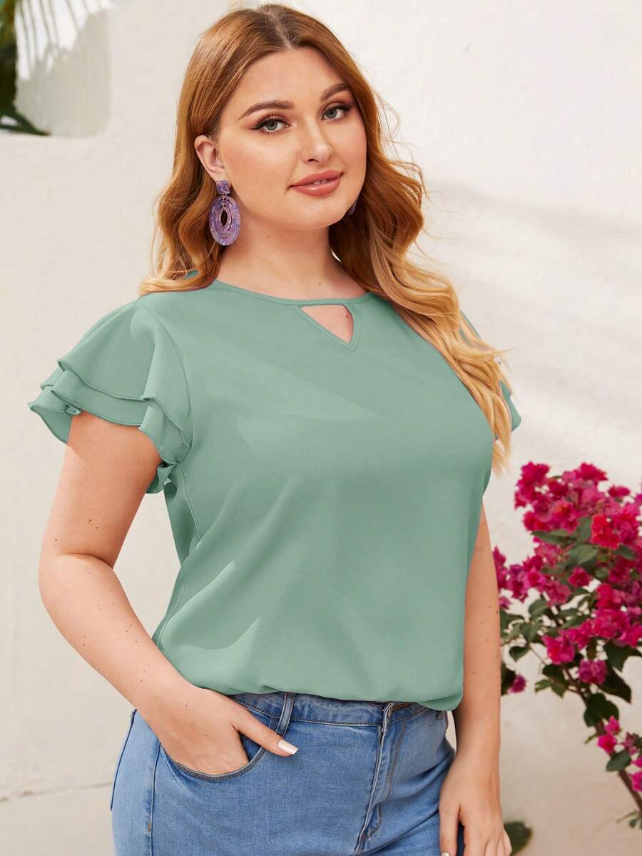 Reflora Plus Size Women's Solid Color Keyhole Neck Ruffle Trim Short Sleeve Elegant Blouse - Mint Green - View 1