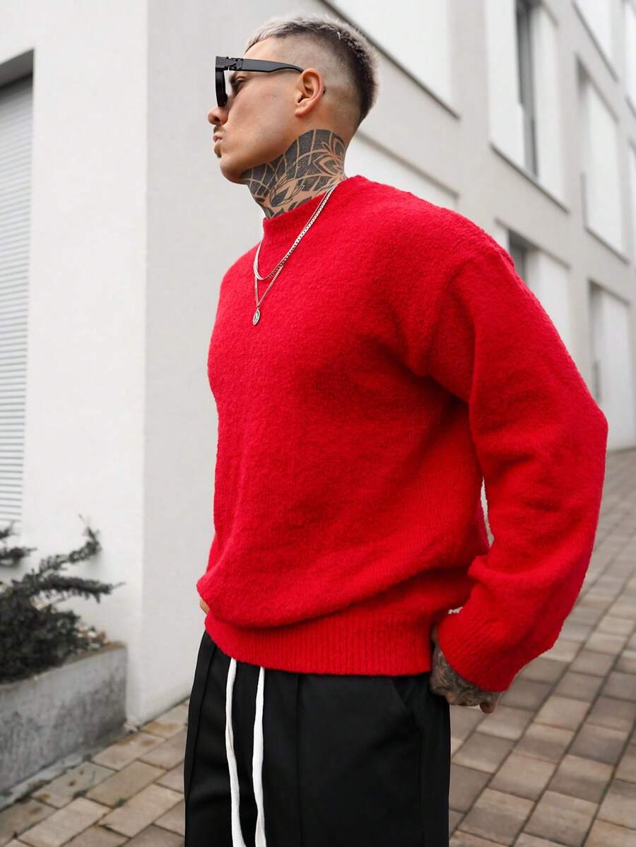 Artur Kramer Manchic 男士复古纯色简约针织套头毛衣,休闲百搭,适合圣诞节、新年穿着,长袖上衣 - 紅色 - 查看 1