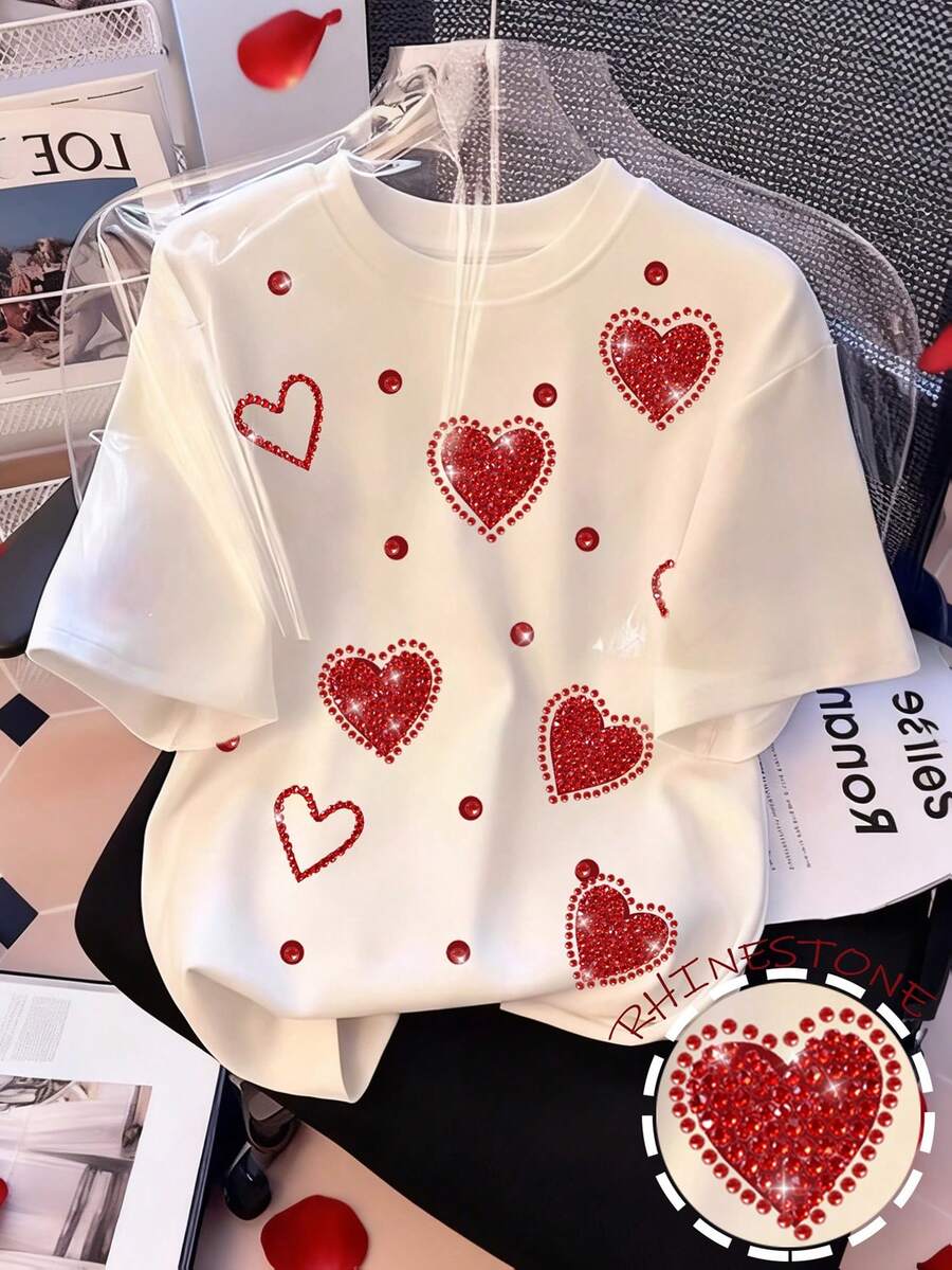 GlowEve 女士休闲爱心水钻装饰圆领短袖T恤，夏季 - 白色 - 查看 1