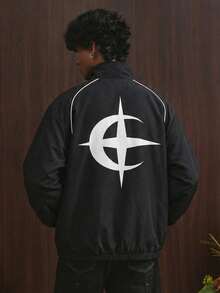 TOKVUE 男士休闲百搭星月印花夹克，反光条纹设计，宽松后背图案，PAVTROS品牌，情人节，我爱我的男朋友，复古，街头风，节日