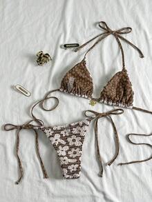 Swim Mod 2pcs/Set Women Summer Halter Floral Print Lace-Up Side Tie Bikini Set, Beach Vacation - Multicolor - View 2