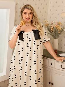 CottageSlumber Plus Size Heart Print Loose Scoop Neck Bow Decor Short Sleeve Long Nightgown - Apricot - View 7