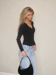 Sydney Algeri Cárdigan ajustado con manga larga y volantes de encaje para mujer - Negro - Ver 3