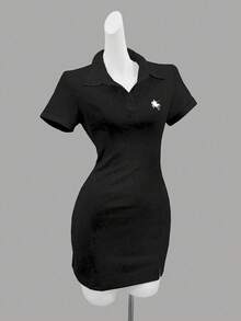 INAWLY Elegant Embroidered Casual Polo Collar Fitted T-Shirt Dress - Black - View 3