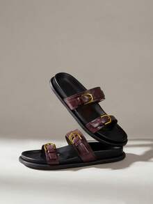 Solecia 女士时尚黑色舒适平底沙滩凉鞋 - 酒紅色 - 查看 6