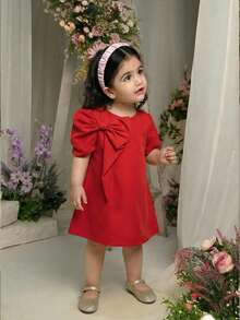 SHEIN Young Girl Woven Solid Color Bow Decor Short Sleeve Elegant Casual T-Shirt Dress, Suitable For Commuting - Red - View 4