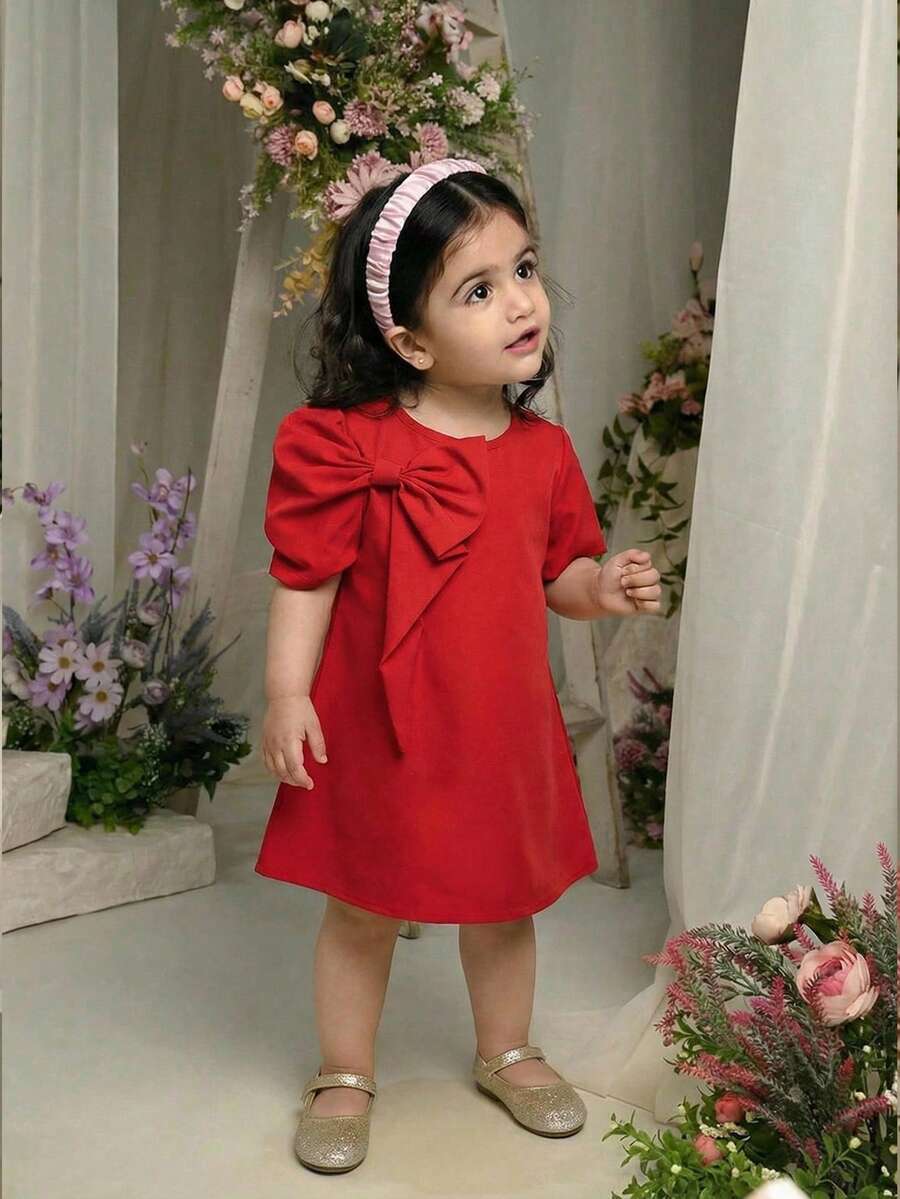 Baby Girl Woven Solid Color Bow Decor Short Sleeve Elegant Fashionable T-Shirt Dress, Suitable For Commuting Red Dress - Red - View 1