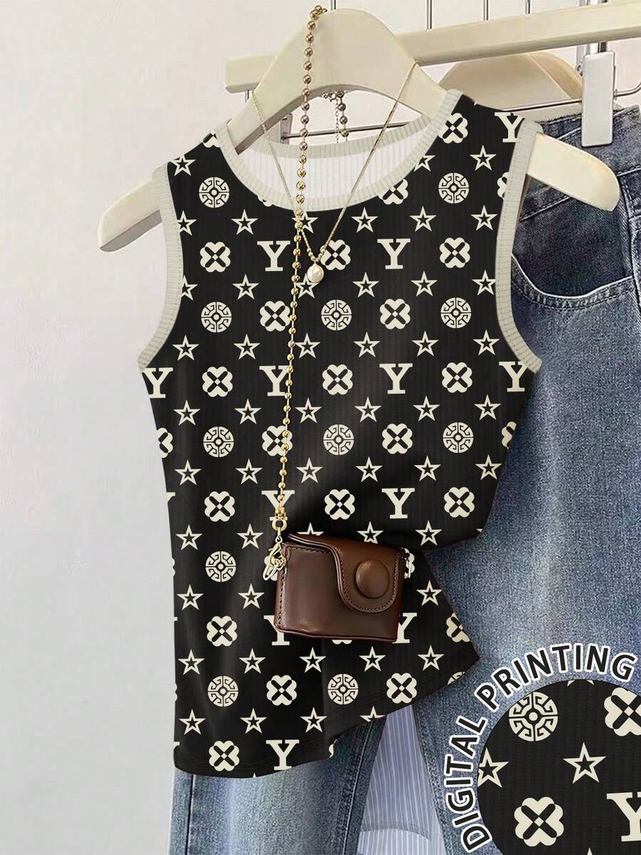 SHEIN Top de mujer casual ajustado de cuello redondo sin mangas - Negro - Ver 1