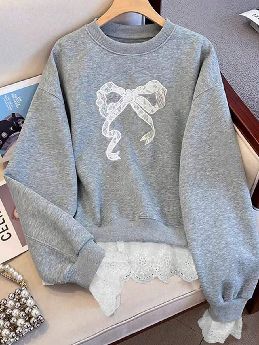 Resyla 女士休闲蝴蝶结刺绣拼接卫衣，秋冬款 - 灰色 - 查看 1