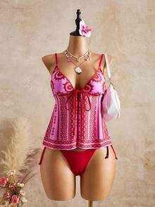 Bellisia Women's Red & Pink Butterfly Print Spaghetti Strap Tie Side Triangle Bikini Top & Bottom Set, Suitable For Spring/Summer - Multicolor - View 1