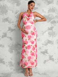 MaterniChic 高领修身长款孕妇连衣裙 - 粉色 - 查看 7