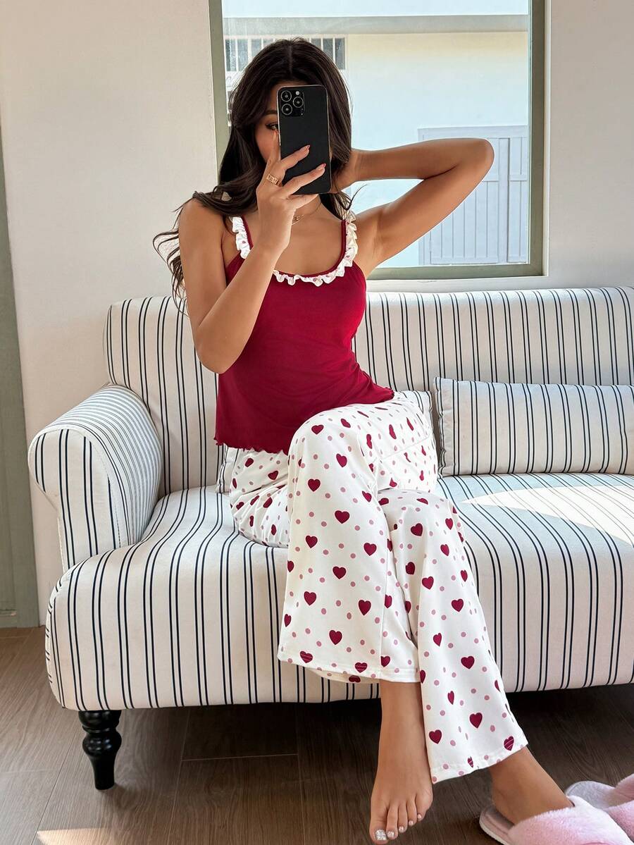 SHEIN 2 pezzi Set pigiama da donna con canotta con volant a contrasto di colore e pantaloni con stampa a pois a forma di cuore - Caffè Marrone - Visualizzare 1