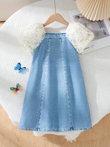 SHEIN Elladie kids 女童优雅蝴蝶结装饰连衣裙，白色和蓝色，休闲户外度假沙滩裙 - 藍色 - 查看 2