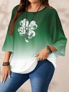 EMERY ROSE Camisa holgada de manga 3/4 con cuello redondo y estampado de trébol degradado para mujer talla grande - Multicolor - Ver 7