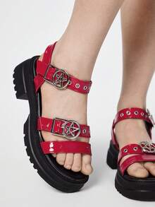 Sandal nữ mùa hè hở mũi phong cách rock punk goth tối màu, sandal đế xuồng quai sao, giày mùa xuân, lễ Phục sinh, Halloween và Giáng sinh. - Màu đỏ da sáng - Xem 2