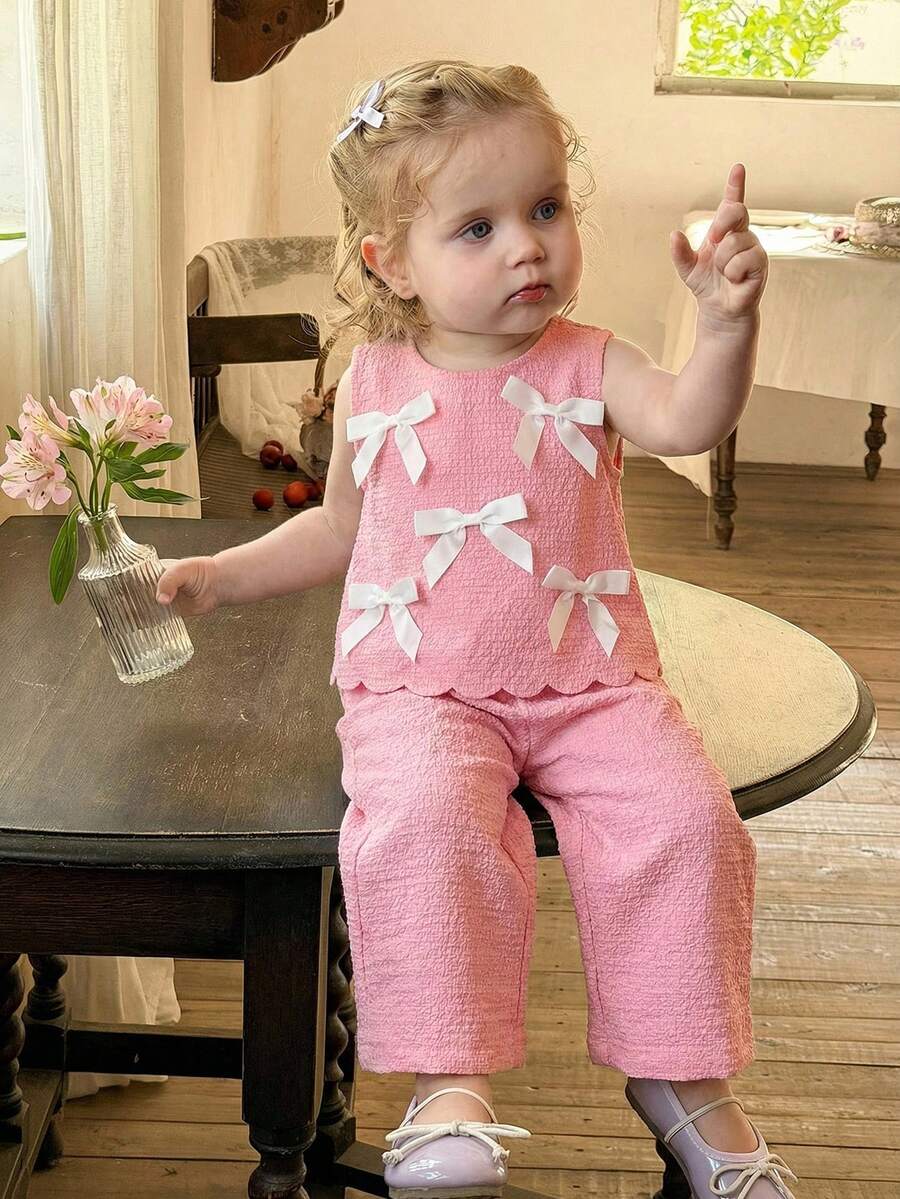 SHEIN LMoss Kids 2件套女婴编织圆领蝴蝶结装饰休闲背心和打底裤套装 - 粉色 - 查看 1