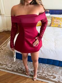 Maria Perezxox Váy ngắn ren hở vai thanh lịch dành cho nữ, thích hợp cho tiệc sinh nhật, tiệc trở lại trường, tiệc khiêu vũ tốt nghiệp, họp mặt chị em, tiệc trà chiều - Màu Đỏ Sâu - Xem 3