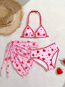 3pcs Girls' Bowknot Contrast Color Floral Print Camisole Top, Shorts And Apron Set, Comfortable Outdoor Activewear Swimsuit