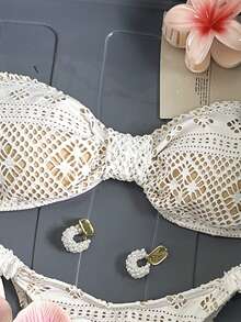 Swim Mod Women's Openwork Jacquard Fabric Spaghetti Strap Bikini Set, Spring/Summer - White - View 4