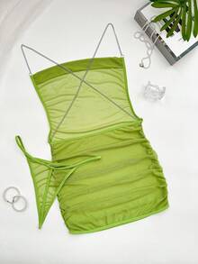 2pcs Women's Sexy Backless Bodycon Nightgown Set - Green - View 2