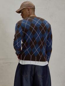 Musero 修身长袖针织菱形图案V领套头衫，下摆细节设计，冬季必备单品 - 彩色 - 查看 4