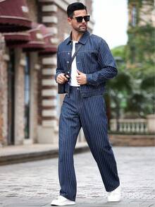 Manfinity Homme Plus Size Men's Casual Striped Loose Front Button Denim Shirt And Jeans Set, Autumn Men Navy Blue Denim 2 Pieces Set Men's Striped Denim Outfit - Blue and White - View 3