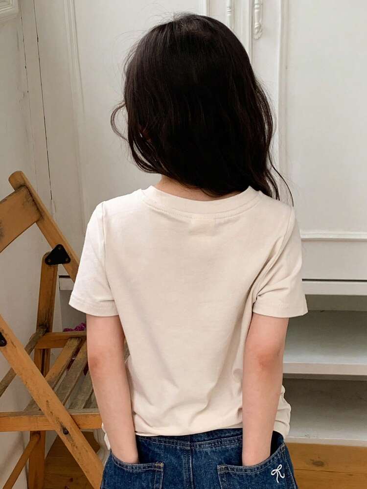 Young Girls Round Neck Solid Color Casual Short Sleeve Printed T-Shirt, Summer Easter