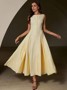 Aveloria Rosie 浅黄色条纹撞色无袖中长连衣裙，精致纽扣设计，挺括百褶裙摆，简约优雅风格，A字裙，亚麻面料，轻盈透气，适合春夏穿着，约会装，办公装 - 黃色 - 查看 5