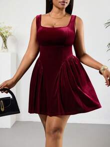 SHEIN PETITE CURVE 大码优雅纯色露背蝴蝶结装饰无袖连衣裙 - 酒紅色 - 查看 4