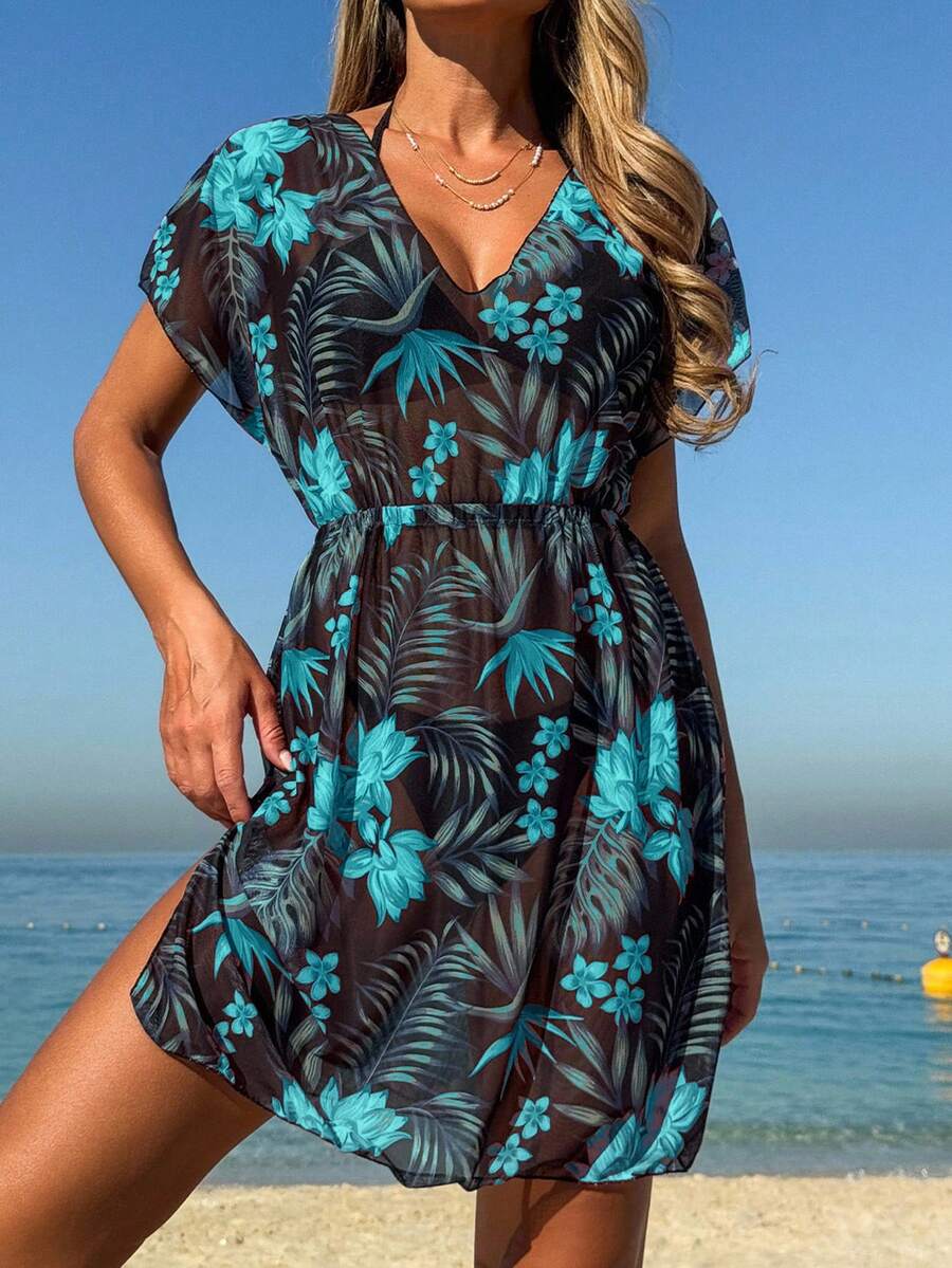 Swim Lushoire Tropical Print Side Slit Beach Cover Up - Cadet Blue - View 1
