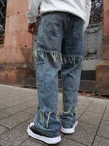 Artur Kramer Jeans décontractés pour hommes au style grunge goth Y2K, avec franges, décontractés et amples, jambes larges et droites, polyvalents - Bleu azur - Voir 3