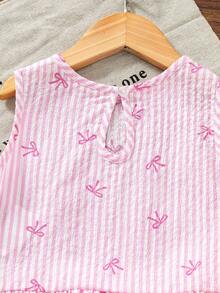 Young Girls T-Shirt Set, Sleeveless Top + Ruffle Hem Babydoll Style, Paired With Matching Shorts, Overall Fresh Casual Set; Soft Pink Tone + Bow Accent, Typical Sweet Style Suitable For Spring-Summer - Pink - View 4