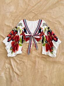 Soleia Women's Summer Set Vacation Outfits Women Casual Vacation Tie-Front Flare Sleeve Ruffle Cuff Leopard Print Shirt - Multicolor - View 3