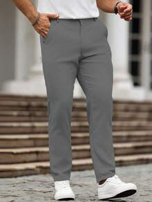 Manfinity Homme Quần tây công sở nam màu trơn, túi xéo, kiểu dáng thường ngày. - Màu xám đen - Xem 3