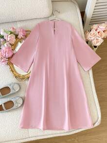SHEIN 女童纯色编织V领蝴蝶结宽松休闲连衣裙 - 白色 - 查看 7