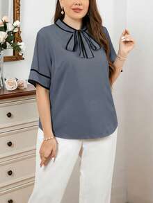 SHEIN Privé Plus Size Women's Tie Collar Short Sleeve Elegant Fashion Blouse - Blue - View 4