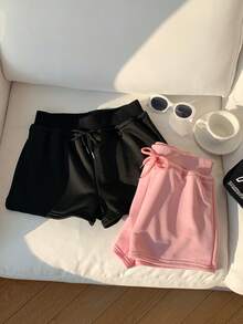 Comfortcana 两件套女士纯色系带休闲短裤套装，适合日常穿着 - 彩色 - 查看 5