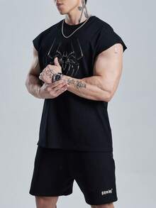 GymBeat Men's Spider Print Loose Fit Round Neck Sports Tank Top - Black - View 3